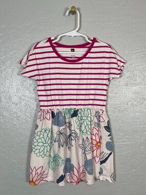Tea Collection Girls 5 White Pink Blue Stripe Floral Mix Print Dress Spring